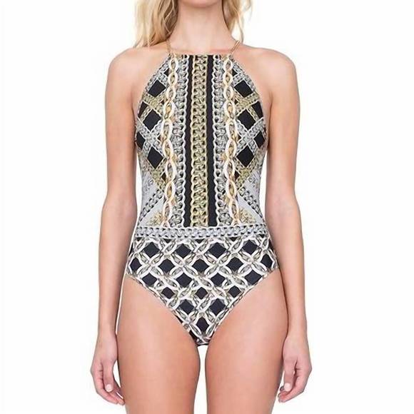 NEW GOTTEX chains of gold high neck one piece in multi black - Picture 1 of 2